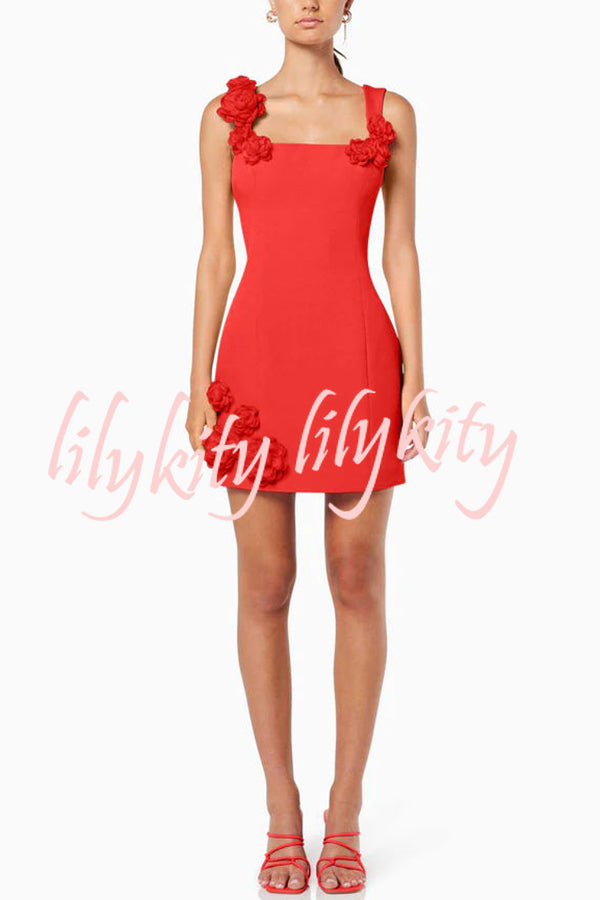 Crush on You Rose Applique Square Neck Wide Strap Mini Dress