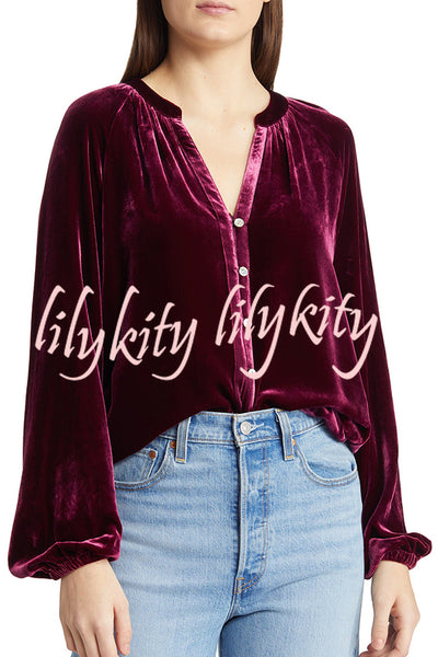 Solid Color Velvet V-neck Long-sleeved Shirt