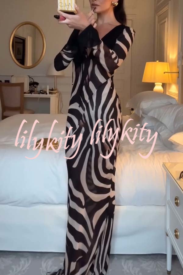 City Night Chiffon Colorblock Animal Print Tie-up Long Sleeve Maxi Dress