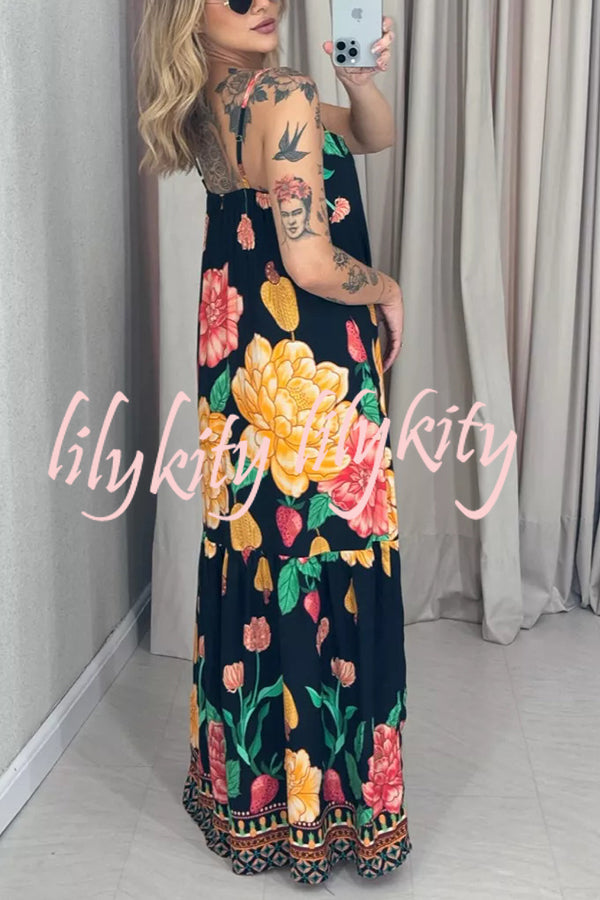Floral Print Halter Back Loose Pocket Full Hem Maxi Dress