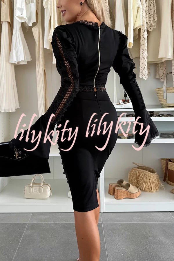 Career Beauty Lace Paneled Long Bell Sleeve Crop Top and High Rise Mini Skirt Set