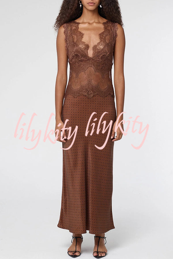 Wonderful Fusion Satin Lace Trim Poka Dot V-neck Drape Maxi Dress