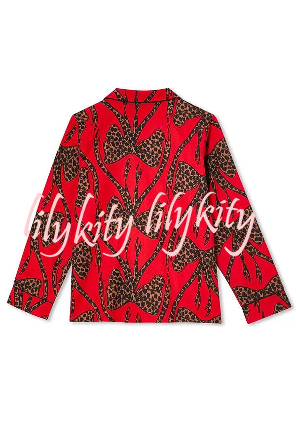 Stylish Colorblock Leopard Print Loose Shirt and Elastic Waist Pocketed Pajama Set