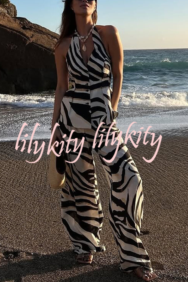 Zebra Print Halter Neck Backless Button-Down Top