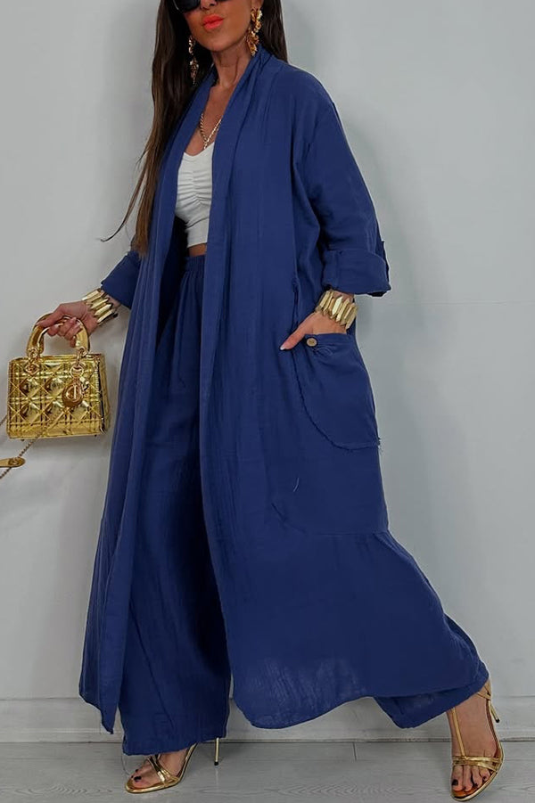 Solid Color Loose-fitting Long-sleeved Cardigan with Pockets and Elastic Waist Casual Wide-leg Pants Set