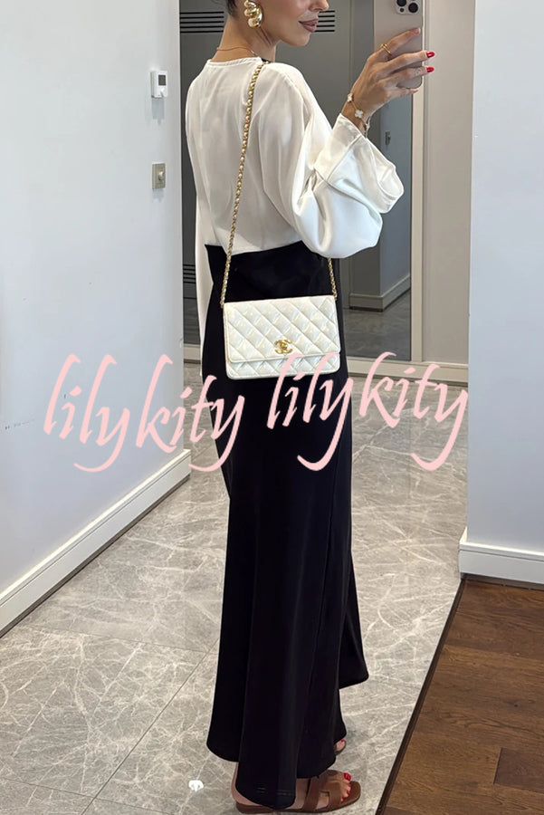 Lainei Contrast Color Satin Lace Trim V-neck Long Sleeve Maxi Dress