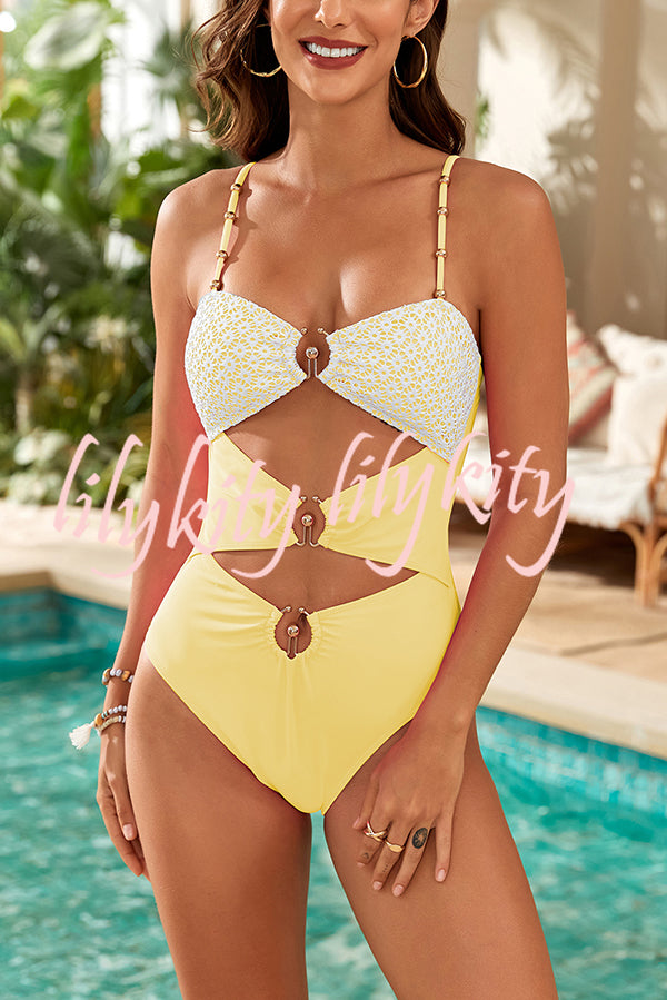 Fashionable Splicing Spaghetti Strap Metal Buckle One-piece Bikini Swimsuit