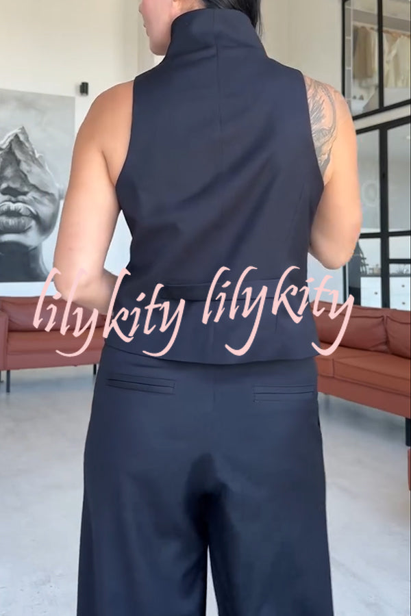 Urban Charm High Stand-up Collar Oblique Buckle Design Sleeveless Vest