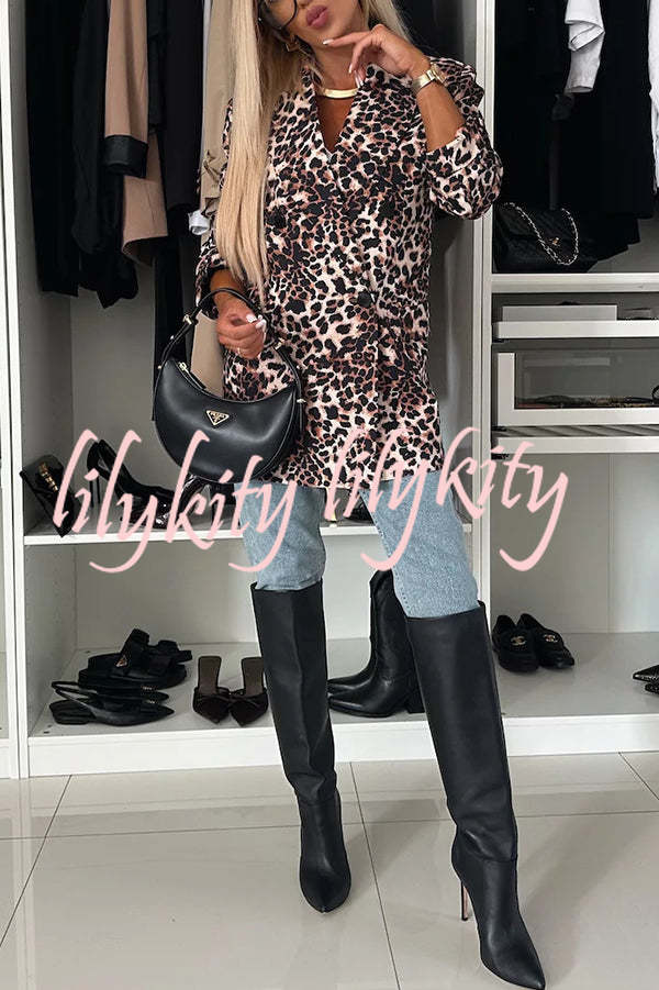 Choose Unique Leopard Print Lapel Long Sleeve Relaxed Blazer