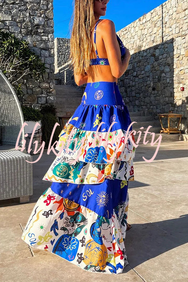 Unique Printed Suspenders Top and Loose Paneled Beach Maxi Skirt Set