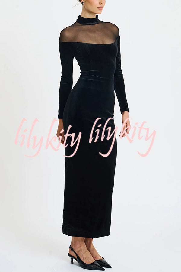 Fashionable Velvet and Mesh Spliced long-sleeved Slim-fit Maxi Dress