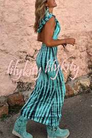 Pietra Tie Dye Print Scoop Neck Backless Hooded Stretch Maxi Dress