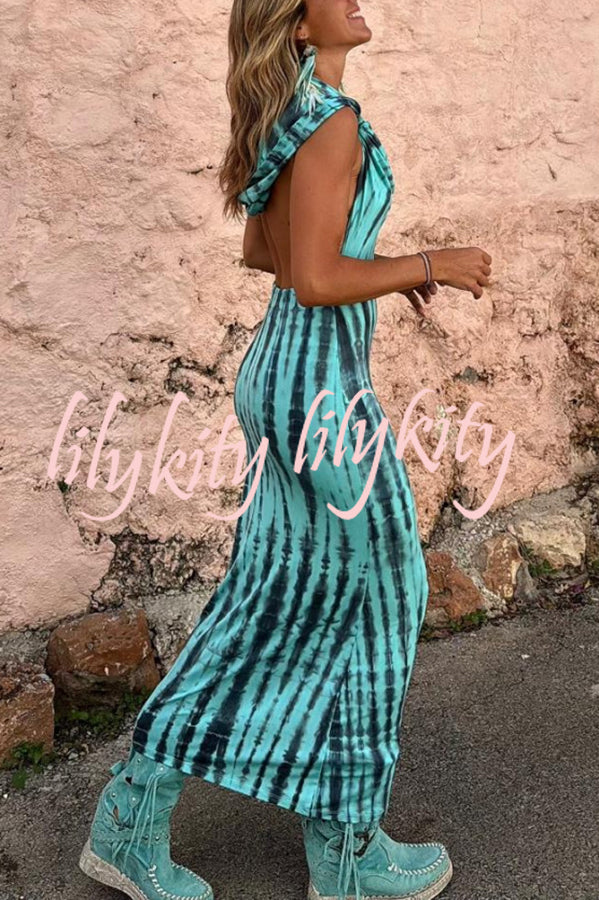 Pietra Tie Dye Print Scoop Neck Backless Hooded Stretch Maxi Dress