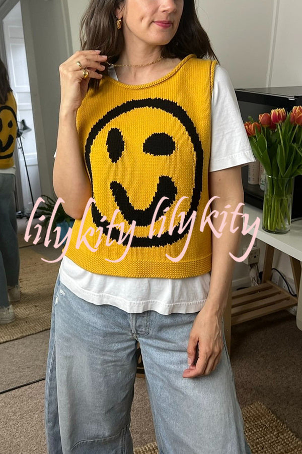 Always Happy Face Knit Unique Pattern Versatile Loose Tank Top