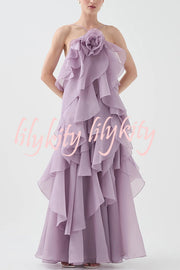 Free - Flowing Rose Detail Tiered Ruffles Halter A-line Maxi Dress