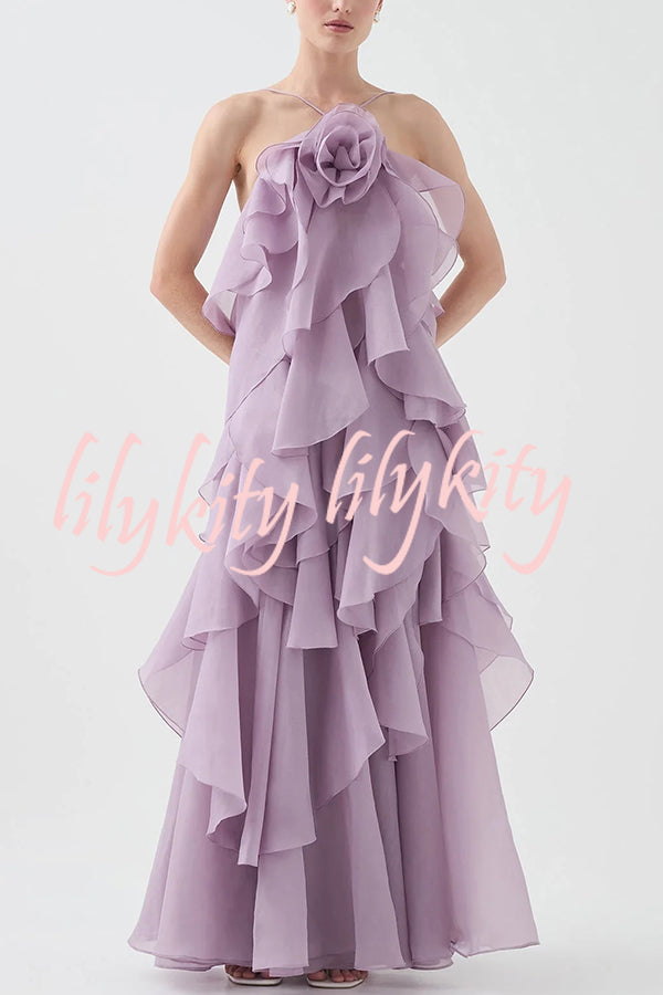 Free - Flowing Rose Detail Tiered Ruffles Halter A-line Maxi Dress