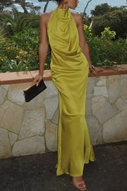 Elegant and Refined Satin Halter Draped Neck Backless Maxi Dress
