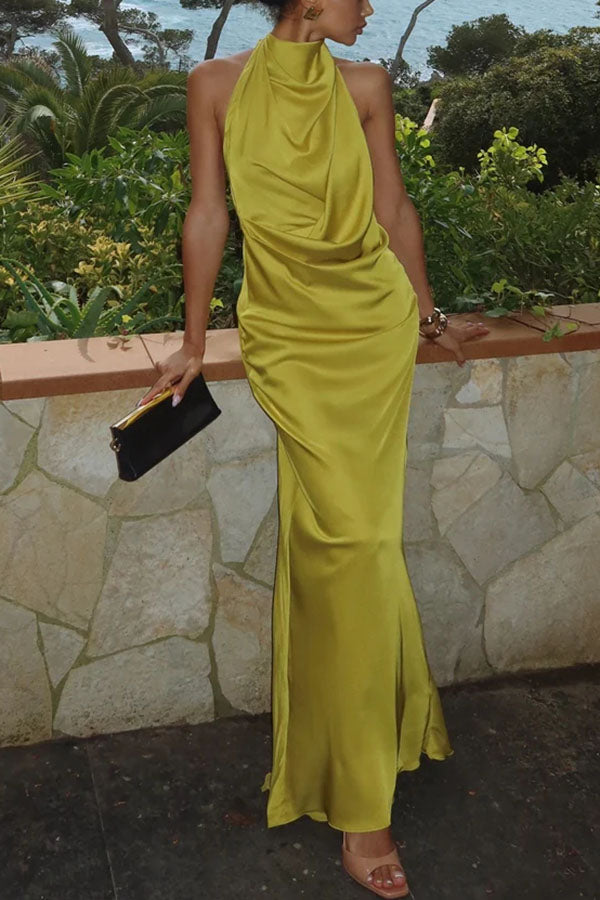 Elegant and Refined Satin Halter Draped Neck Backless Maxi Dress
