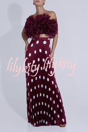 Eye-catching Satin Pleated Poka Dot Print High Rise Drape Maxi Skirt