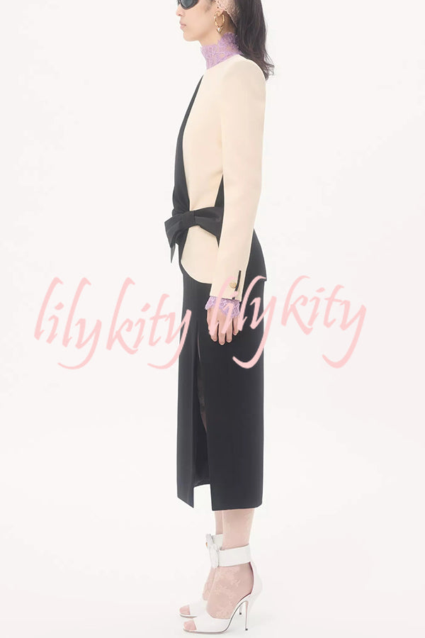 Love Unfolded Contrast Color Side Bow Tie-up Long Sleeve Slit Midi Dress