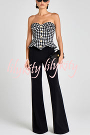 Maya Check Bouclé-tweed Fabric Sweetheart Neck Gold Button Strapless Tank