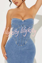 Cutie Denim Rosette Detail Corset Off Shoulder Stretch Maxi Dress