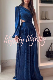 Dazzling Night Metallic Pleated One Shoulder Cutout Balloon Sleeve Gown Maxi Dress