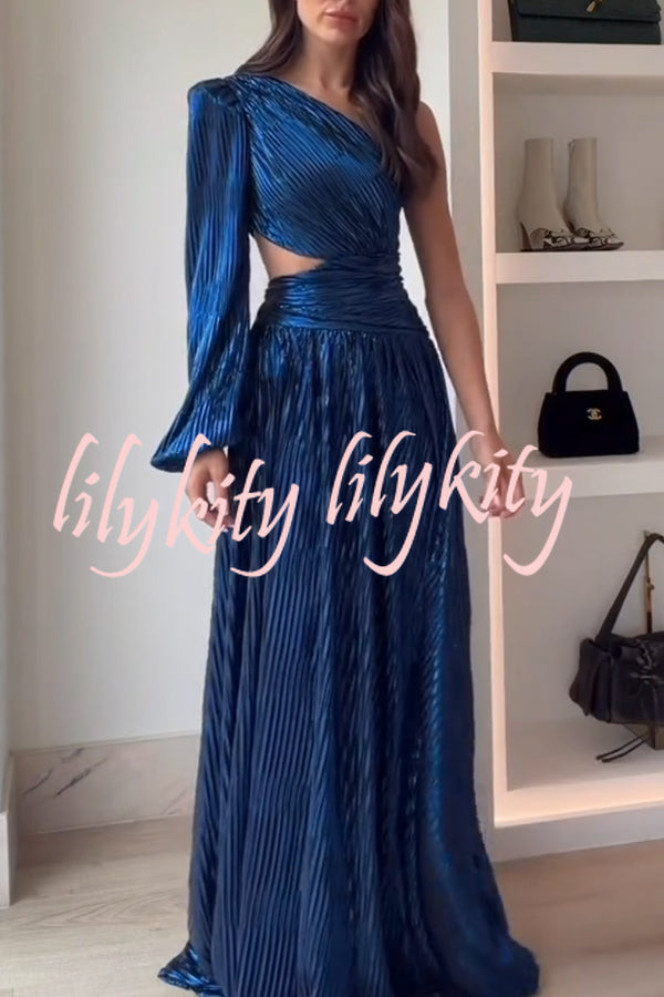Dazzling Night Metallic Pleated One Shoulder Cutout Balloon Sleeve Gown Maxi Dress