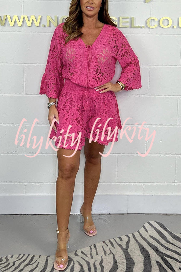 Emilee Lace Tie Neck Bell Sleeve Top and Elastic Waist Loose Shorts Set