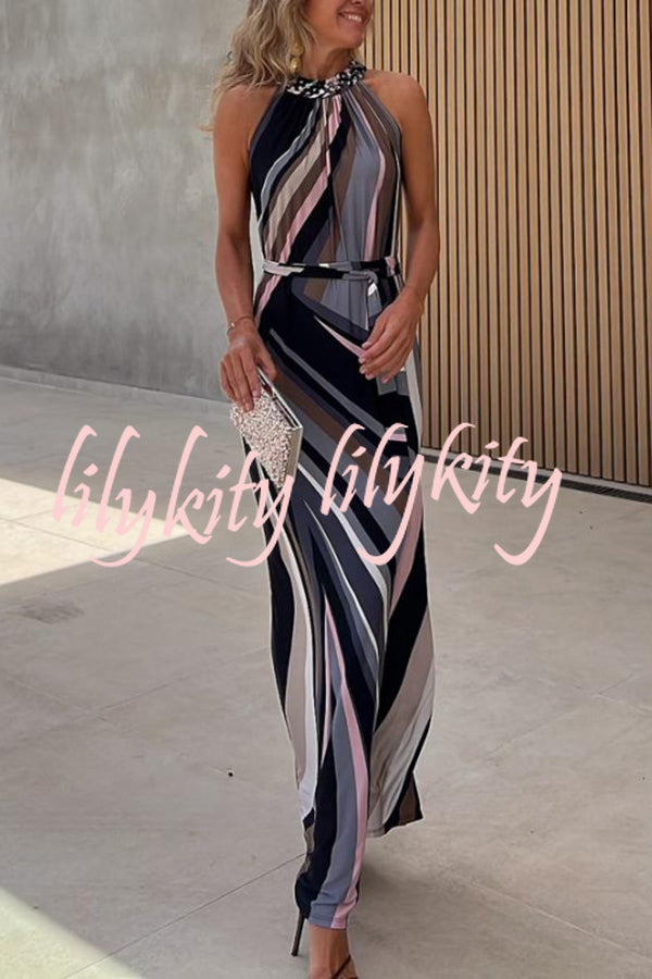 Flowing Elegance Colored Lines Printed Belt Halter Maxi Dress