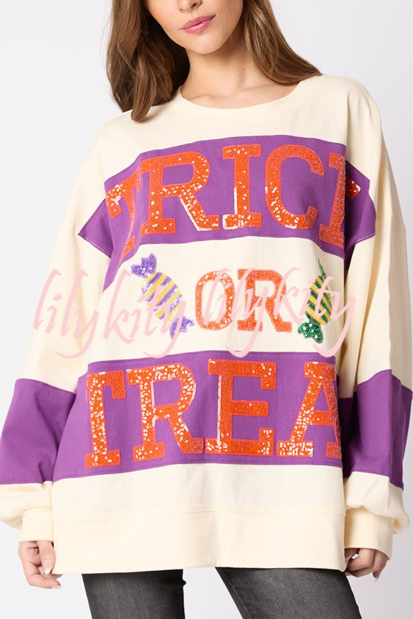 Halloween Letter Sequined Color Block Loose Casual Sweatshirt