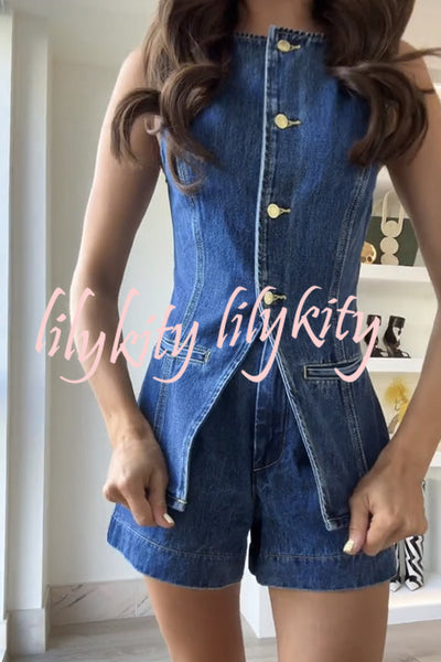 Abel Denim Button Up Princess Seams Pocket Vest Top