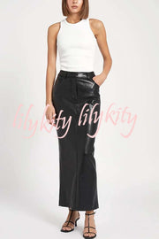 Classic Feel Faux Leather Mid Rise Pocket Slit Stretch Maix Skirt