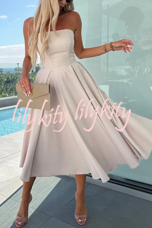 Sweet Cascade Solid Color Off Shoulder Pocket Full Hem Midi Dress