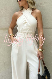 Solid Color Halterneck Sleeveless Waisted Casual Pocket Straight Jumpsuit