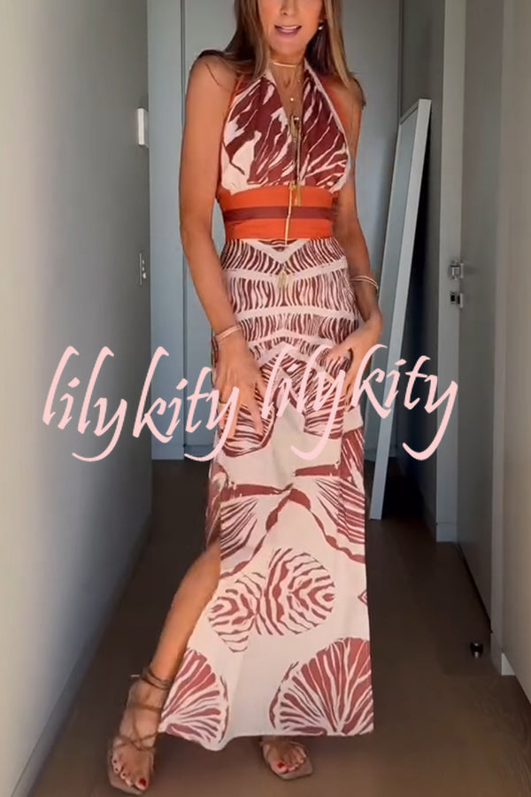 Vacay Bound Linen Blend Unique Botanical Print Halter Maxi Dress