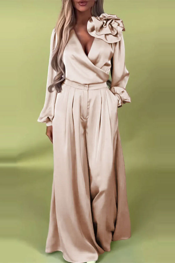 Solid Color V-neck Long-sleeved Large Flower Decorated Top and Casual Pocket Wide-leg Pants Set