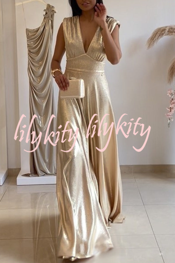 Roisin Metallic Fabric Ruched Shoulder V-neck Wide Leg Drape Jumpsuit