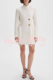 Kayleen Stand V-neck Decorative Metal Button Long Sleeve Pocket Blazer Mini Dress