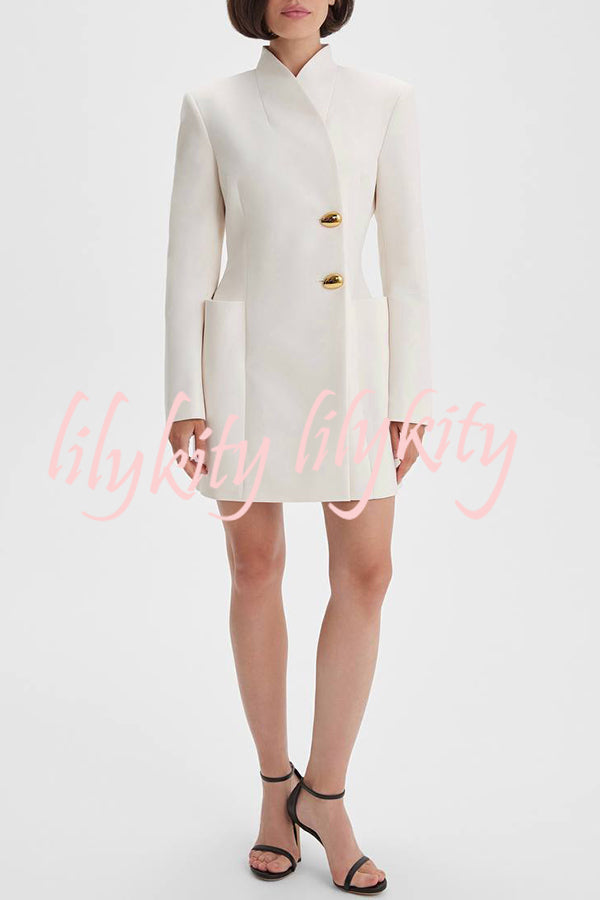Kayleen Stand V-neck Decorative Metal Button Long Sleeve Pocket Blazer Mini Dress