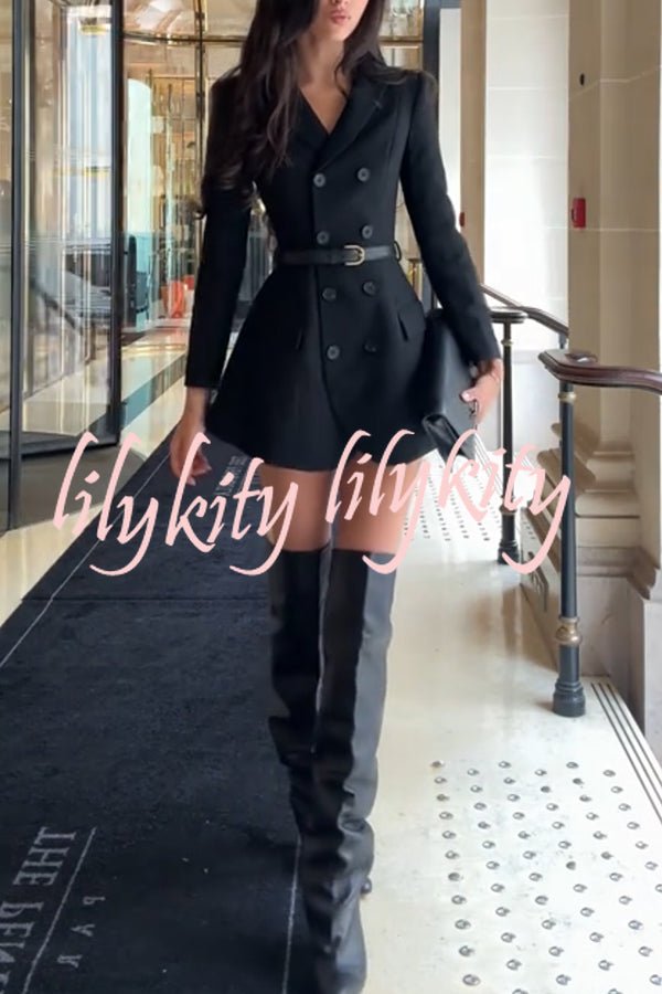 Parisian Style Double-breasted Long Sleeve Flare Hem Lapel Blazer Mini Dress