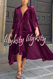 Elisabeth Luxurious Velvet Padded Shoulders Long Sleeve Twist Waist Drape Midi Dress