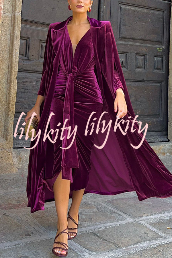 Elisabeth Luxurious Velvet Padded Shoulders Long Sleeve Twist Waist Drape Midi Dress