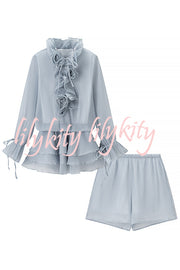 Fashionable Flower-decorated V-neck Loose Top and Elastic Waist Casual Shorts Set