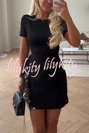 Marcelle Feather Trim Short Sleeve Color-block Him Mini Dress