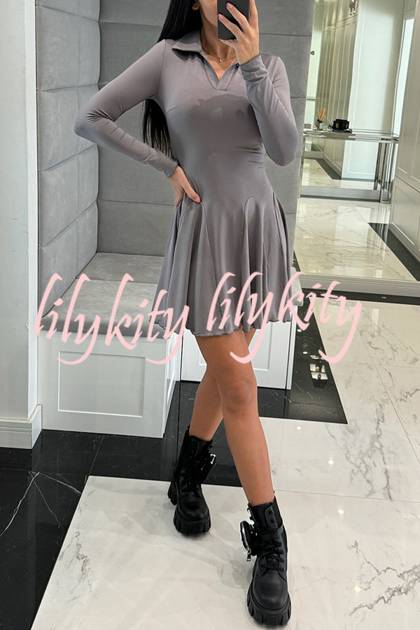 Solid Color Lapel Long Sleeve Slim Fit Waist Mini Dress