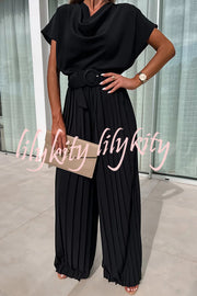 Ivy Cowl Neck Short Sleeve Belt Pleated Loose Wide Leg Jumpsuit