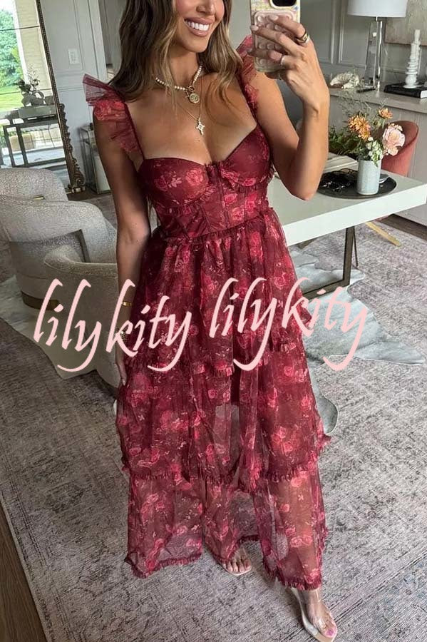Romantic and Elegant Mesh Floral Back Smocked Tiered Ruffle Maxi Dress