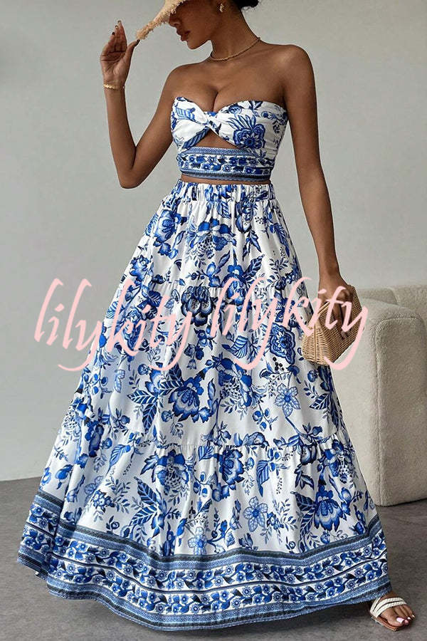 Floral Print Cutout Bandeau Top and Elastic Waist Full Maxi Skirt Set