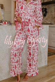 Christmas Night Satin Loose Shirt and Elastic Waist Pocketed Pajama Set